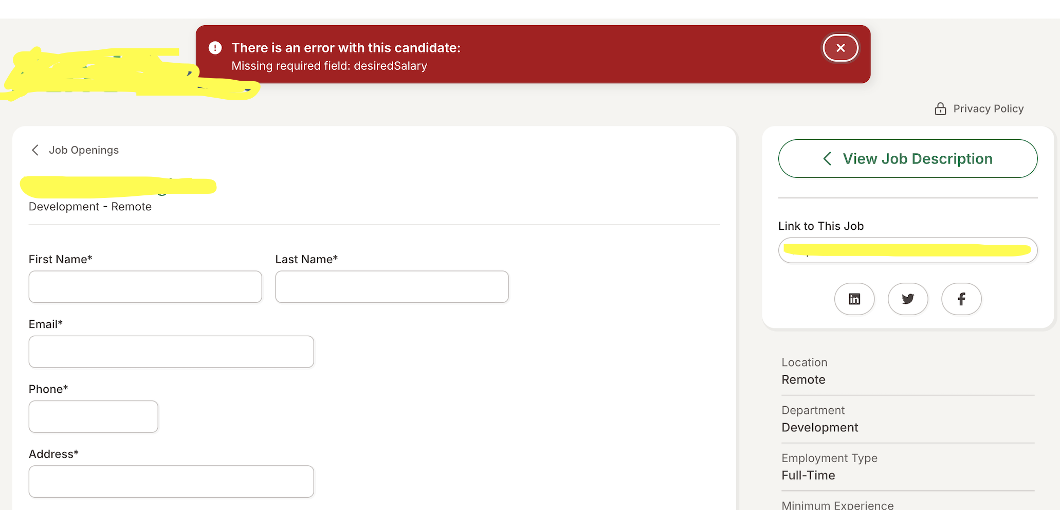 A job application form with every field emptied and a red banner at the top reading: There is an error with this candidate. Missing required field: desiredSalary.